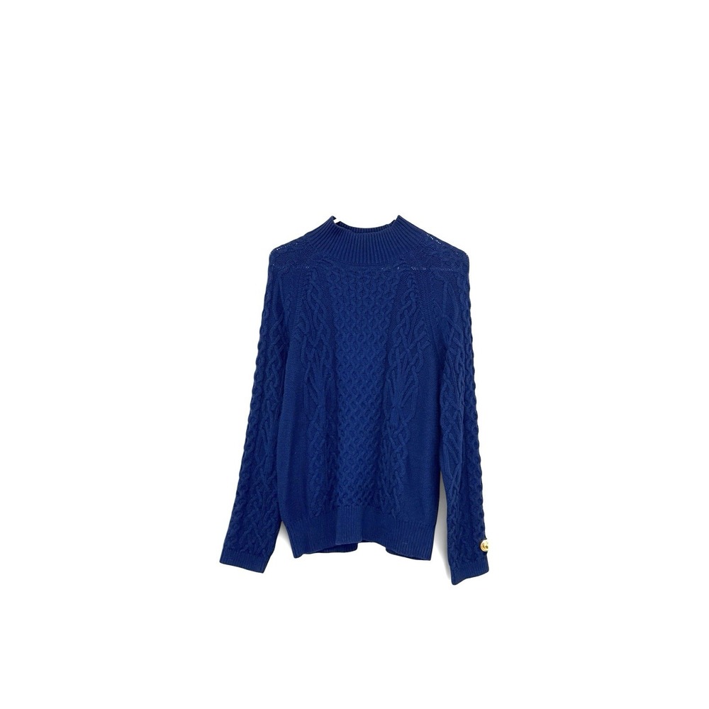 Cable Knit Mock Neck Cobalt Royal Blue Sweater XL Academia Preppy Fisherman